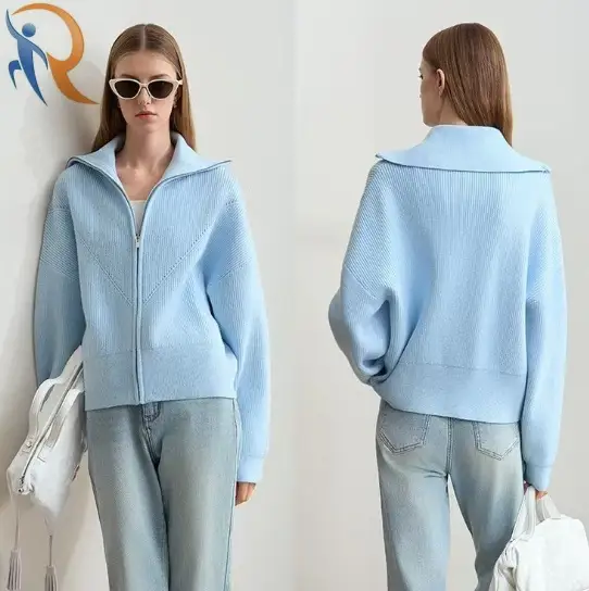 New Style Zipper Front Long Sleeve Knit Cardigan Loose Sweater 1