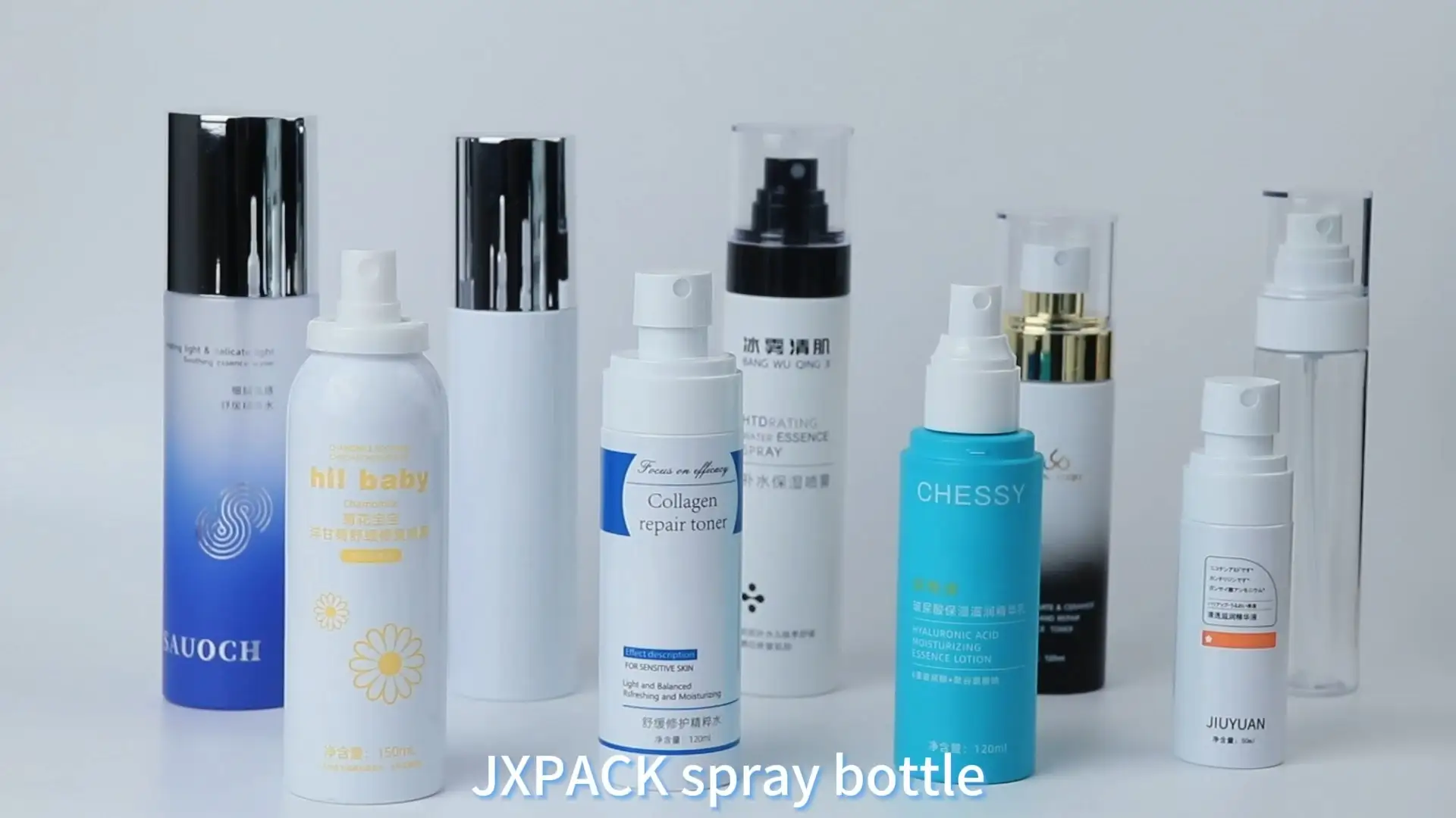 Frascos de spray de plástico PET de alta qualidade para embalagens de produtos de beleza, com tampas de spray específicas, ideais para embalagens de produtos de beleza e cuidados com a pele. 1