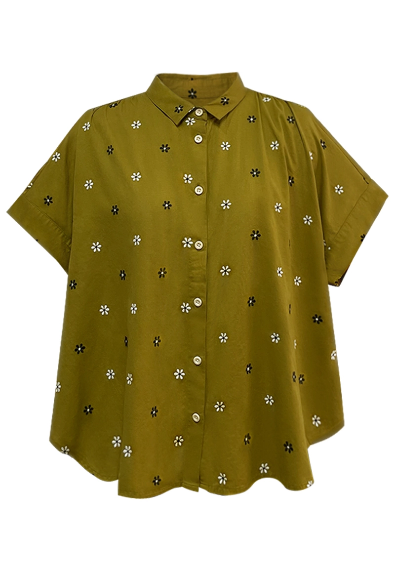 Women Olive Button Shirts With Embroidered Flowers Vepeen Apparel 1