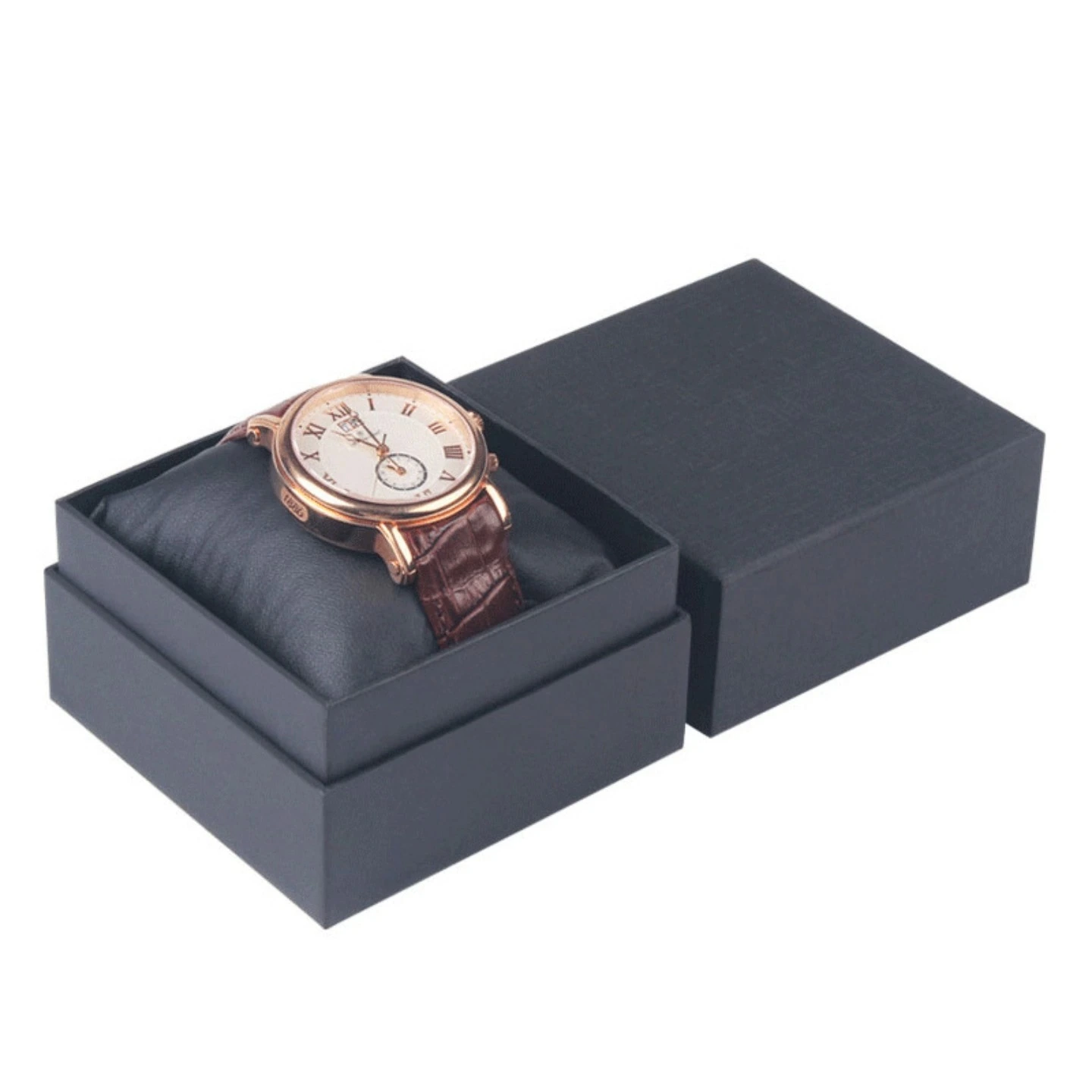Coffret à montre haut de gamme en papier noir spécialisé, avec coussin intérieur doublé de soie et emballage couvercle-base 1