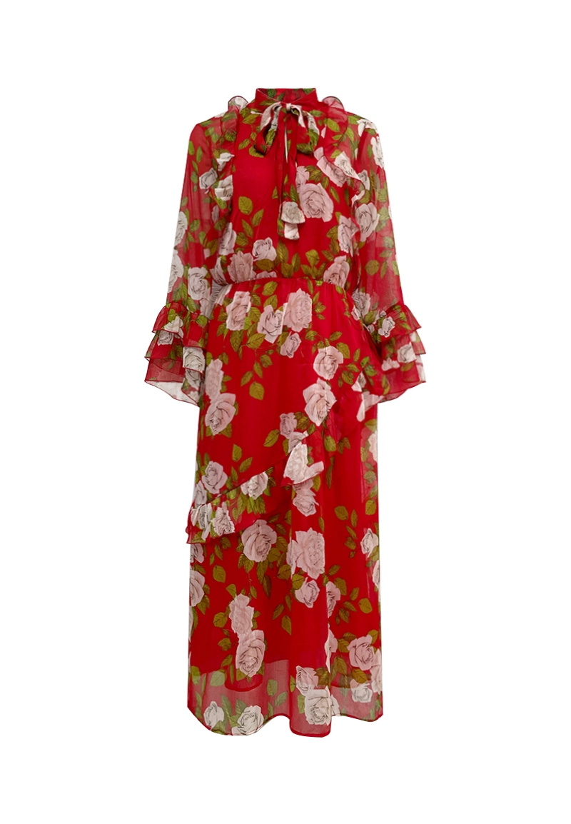 Robe midi en mousseline à volants imprimée de roses rouges avec manches Vepeen Apparel 1