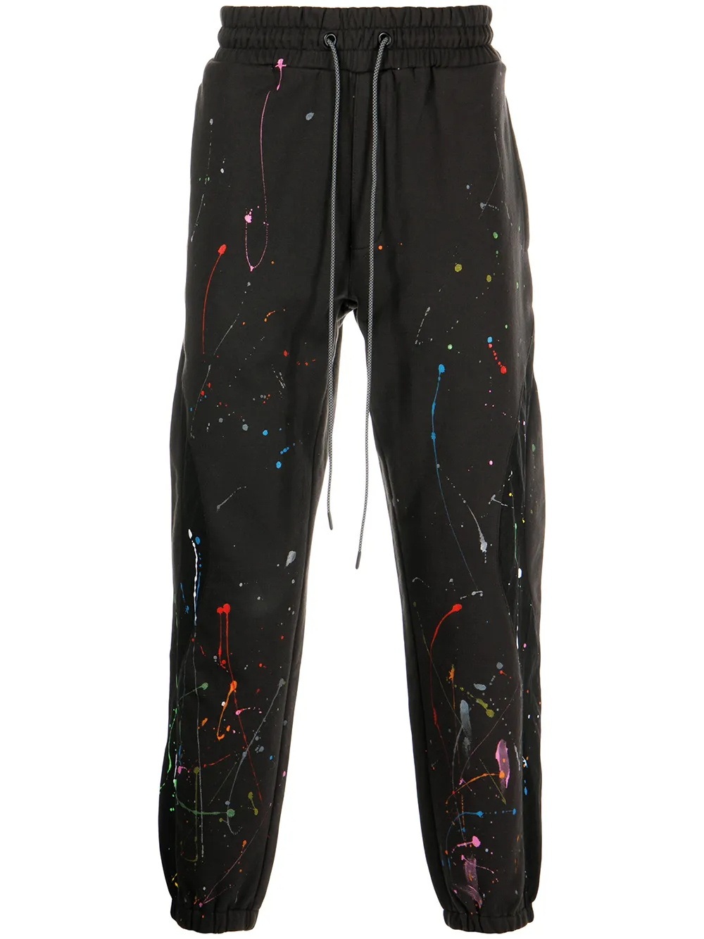 400GSM Black 100% Cotton Paint-Splattered Tapered Joggers | Multicolor Splatter Detail, Drawstring Waist, Side Slit Pockets-TJ002 1