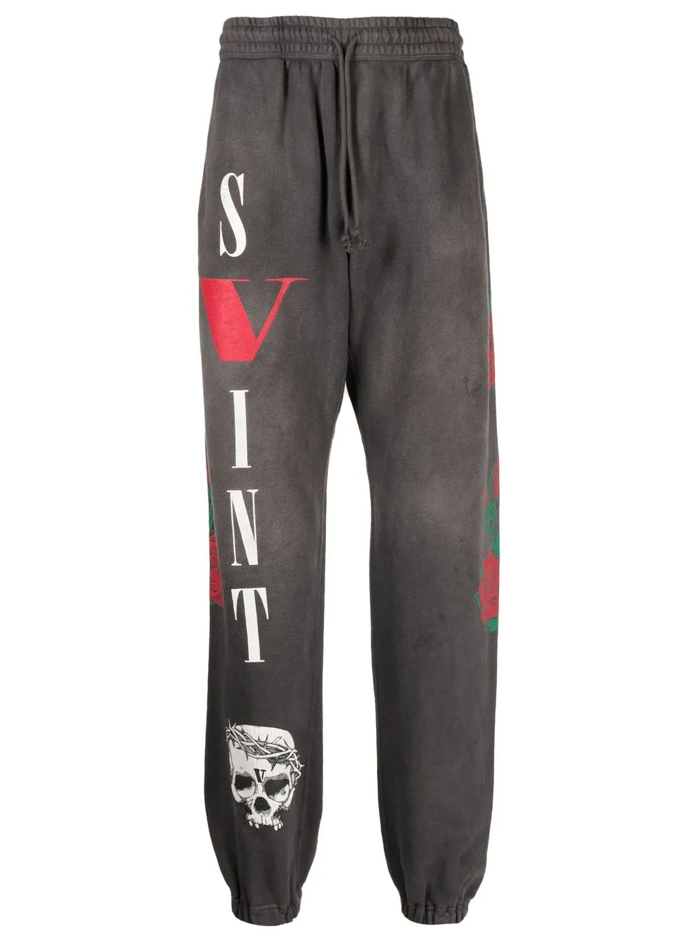 420GSM Faded Black 100% Cotton Graphic Tapered Joggers | Logo Print, Skull & Rose Details, Drawstring Waist-YJ003 1