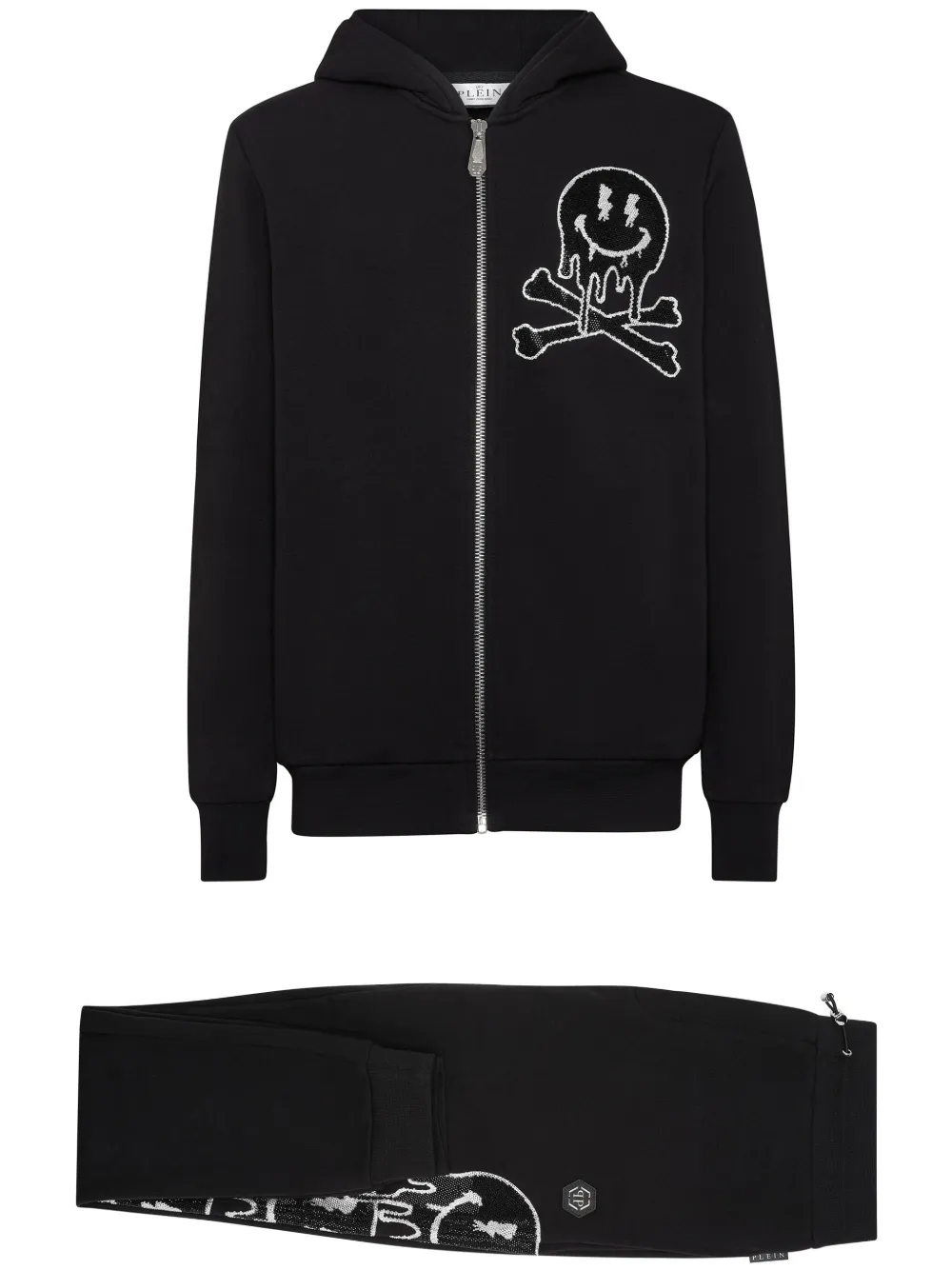450GSM Black Skull Print Rhinestone Tracksuit | Cotton Blend Zip-Up Hoodie + Tapered Joggers Set-SSS001 1