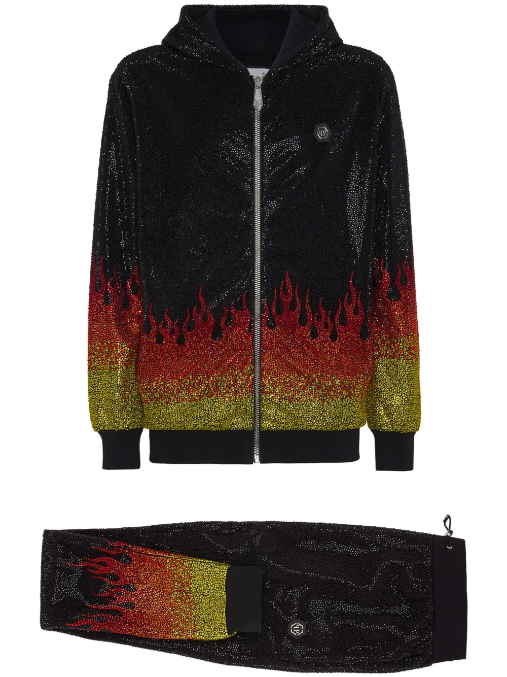 480GSM Black Flame Print Crystal-Embellished Tracksuit | Cotton Blend Zip-Up Hoodie + Tapered Joggers Set-SSS002 1