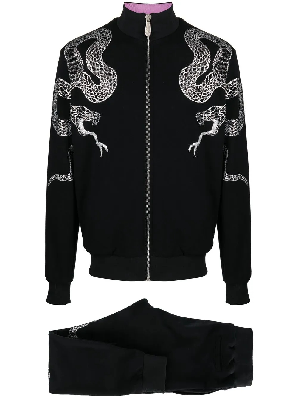 460GSM Black Crystal Snake-Embellished Tracksuit | 100% Cotton Jersey Zip-Up Sweater + Tapered Joggers Set-SSS003 1