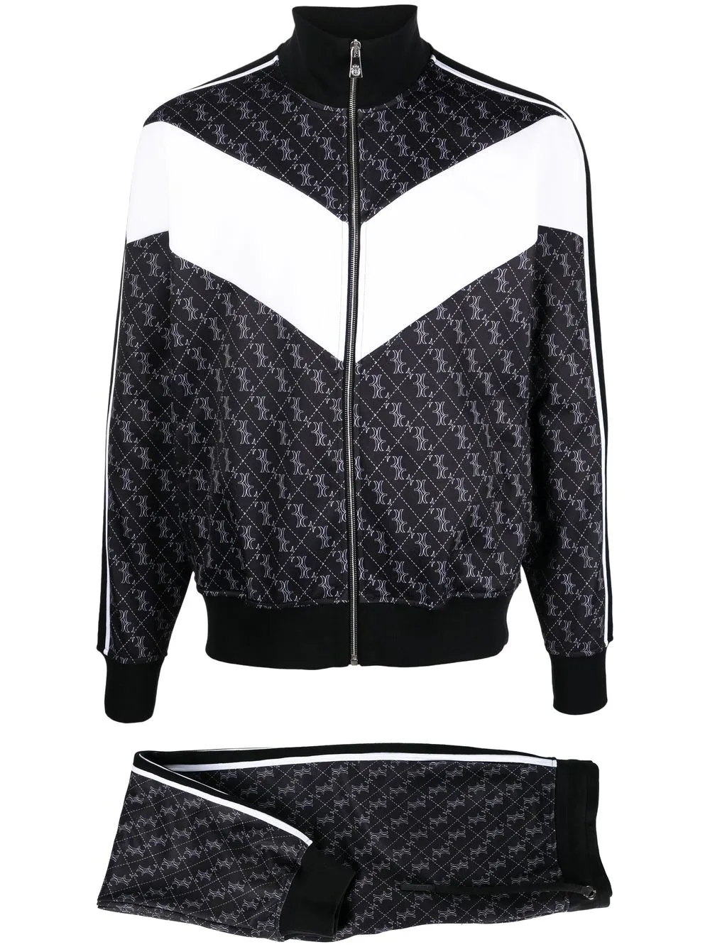 420GSM Black & White Monogram Print Tracksuit | Italian-Made 55/45 Cotton-Blend Zip-Up Jacket + Tapered Joggers Set-SSS004 1