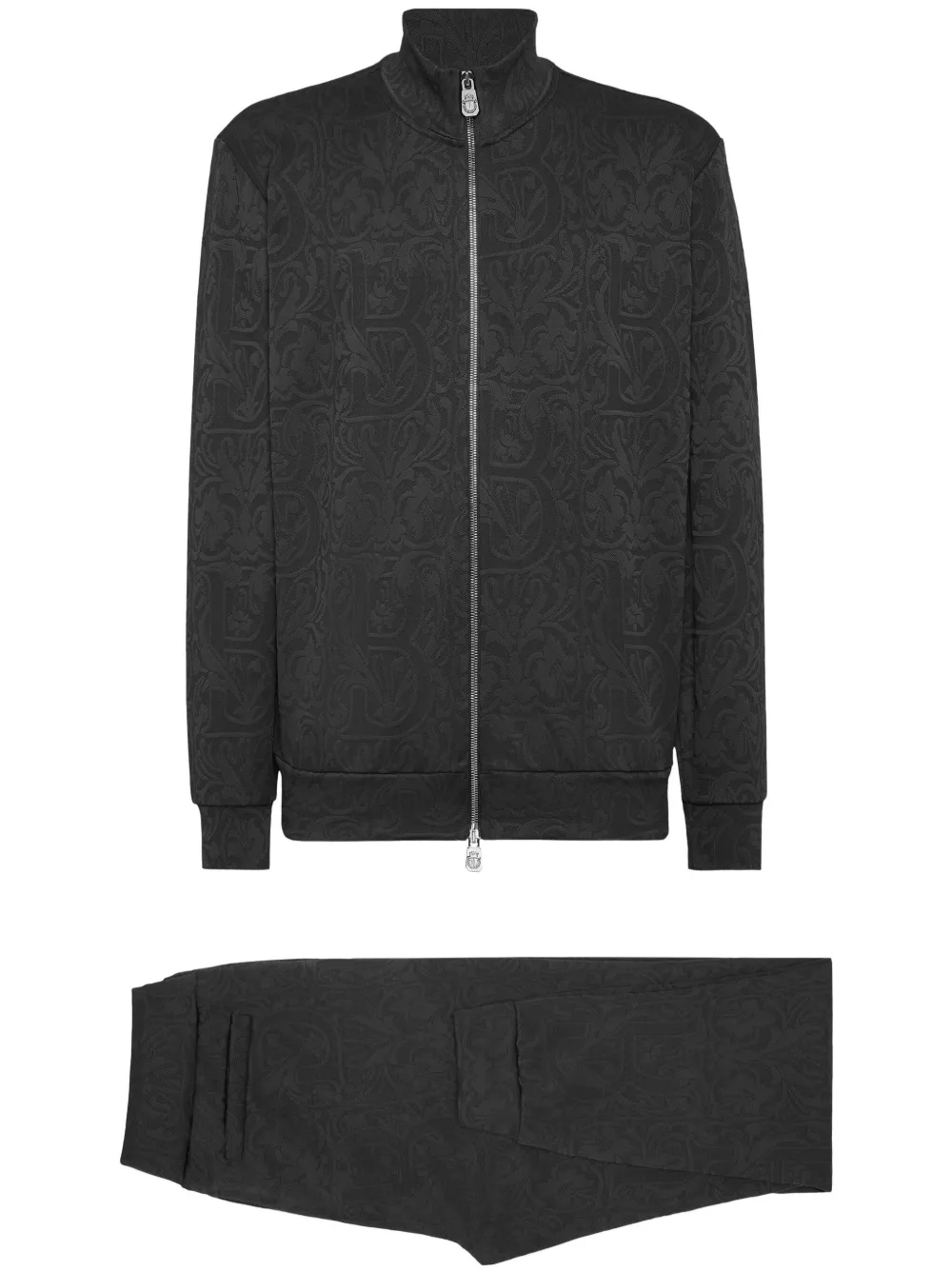 440GSM Black 100% Cotton Monogram Jersey Tracksuit | Zip-Up Cardigan + Tapered Joggers Set-SSS005 1
