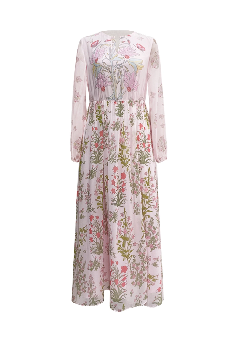 Pink Floral Butterfly Print Maxi Dress with Long Sleeves and Pleated Waist Vepeen Apparel 1