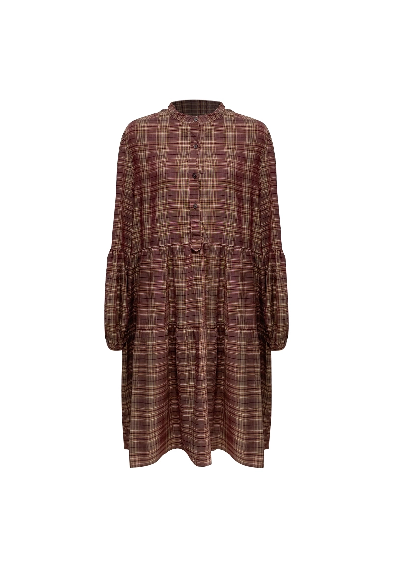 Robe-chemise à carreaux rouille à volants, boutonnée sur le devant et à manches bouffantes, Vepeen Apparel 1