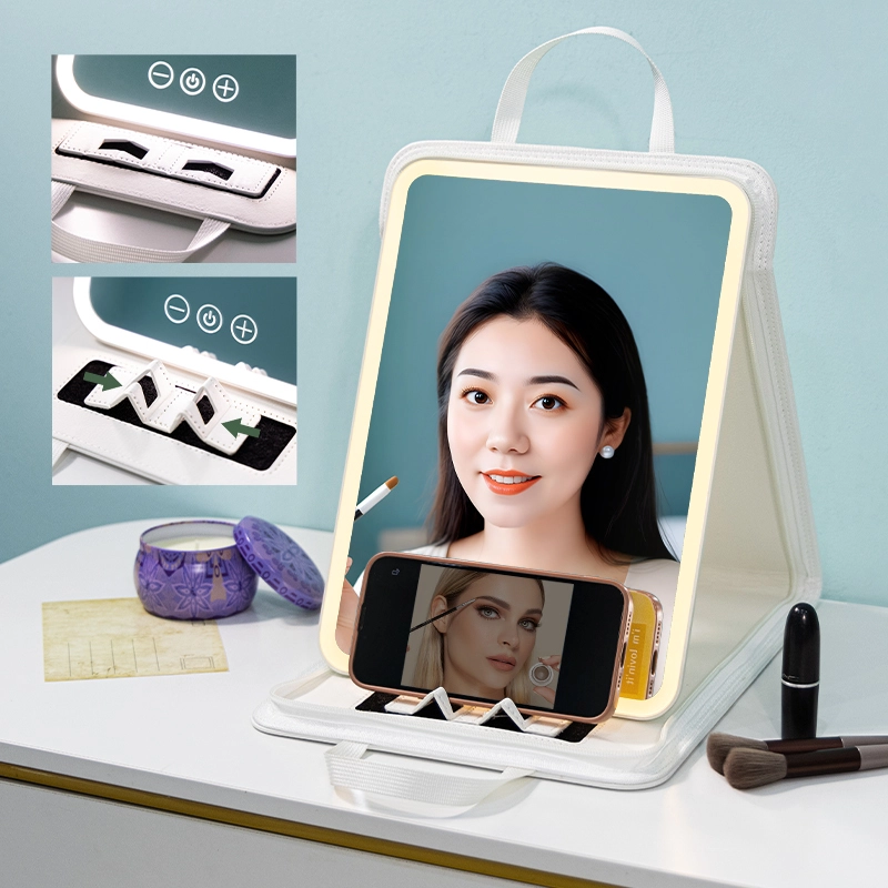 PU leather handbag with mirror featuring tri-color LED lights; simple and practical, supports stepless dimming. 1