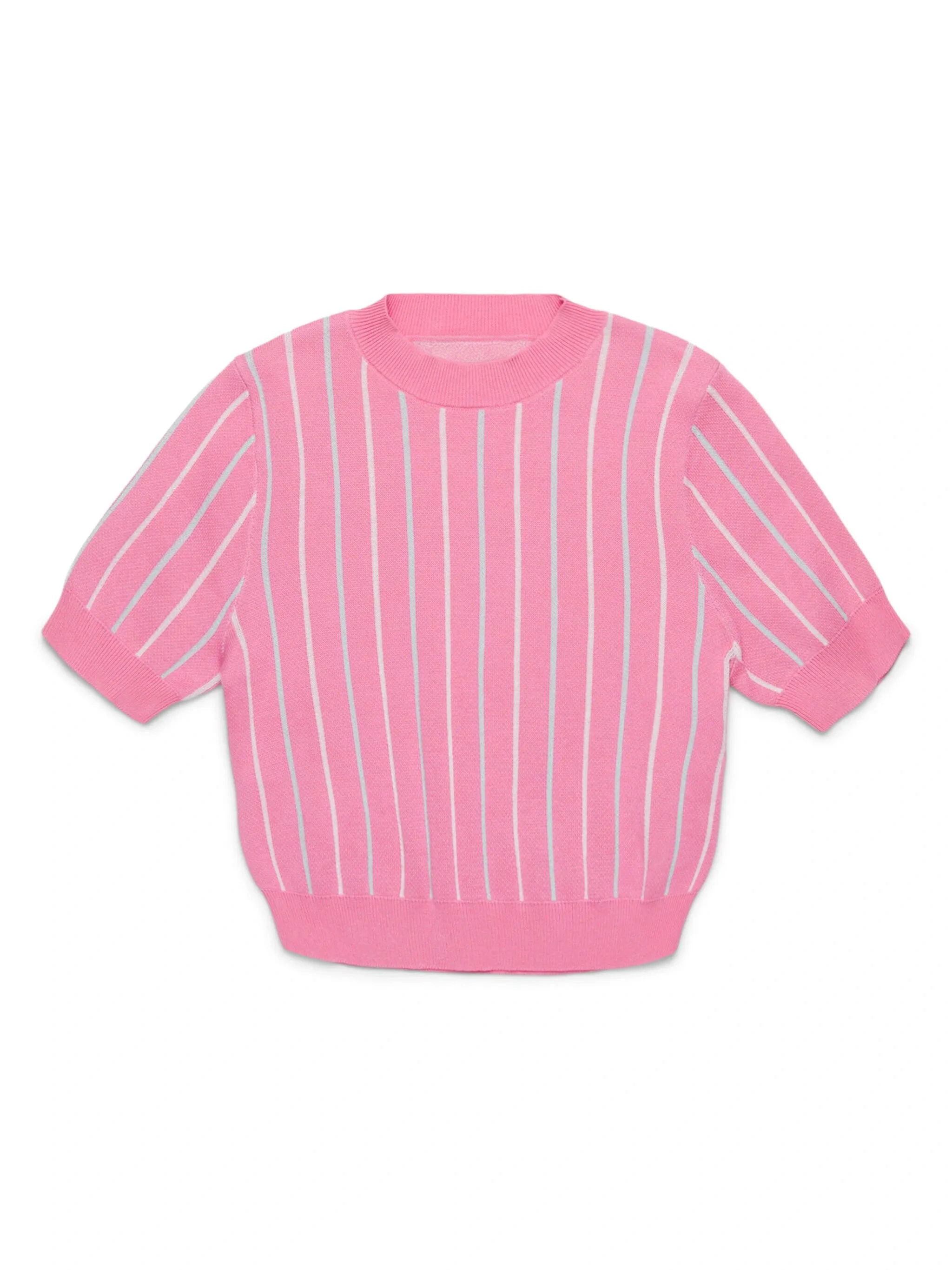 Fan Flo Kids' Short-Sleeve Knit Sweater - Crew Neck Design with White Vertical Stripes - Spring/Summer Fashionable Children's Wear 1