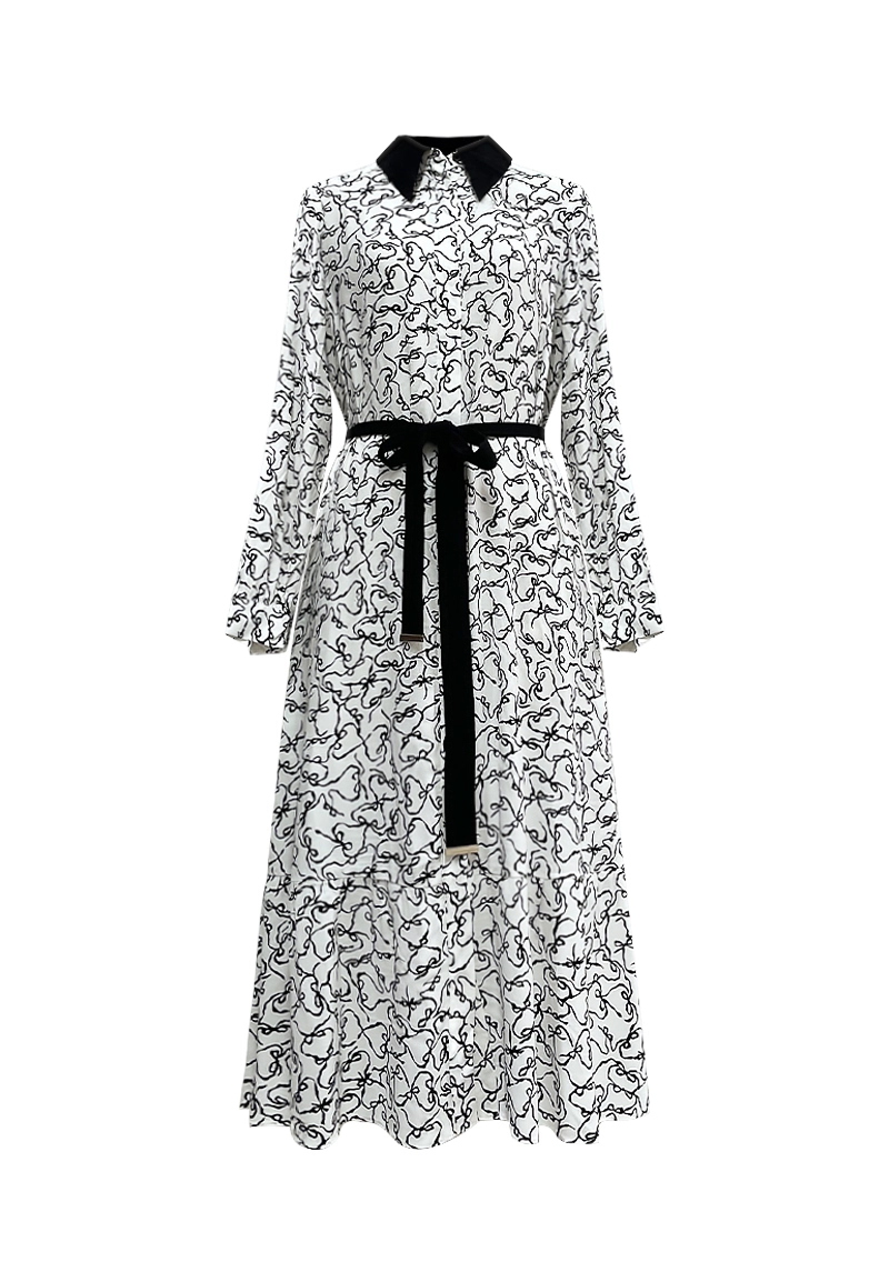 Monochrome Abstract Print Midi Dress with Ruffled Hem Vepeen Apparel 1