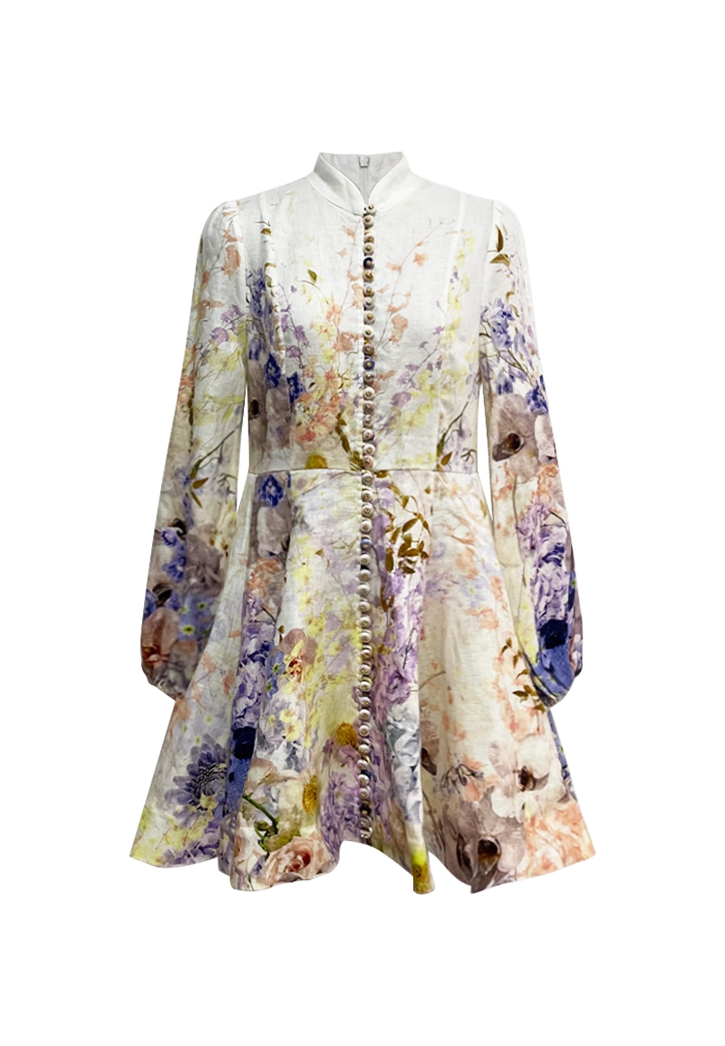 Watercolor Floral Print Mini Dress with Mandarin Collar and Button-Front Design Vepeen Apparel 1