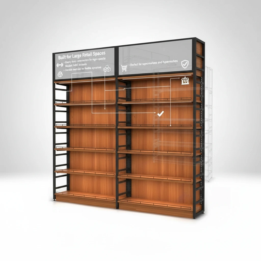 Современные деревянные коммерческие стеллажи с рекламными панелями для магазинов розничной торговли 1