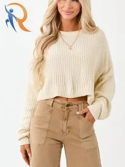 Cream Relaxed Rib Knit Crew Neck Cropped Sweater 1