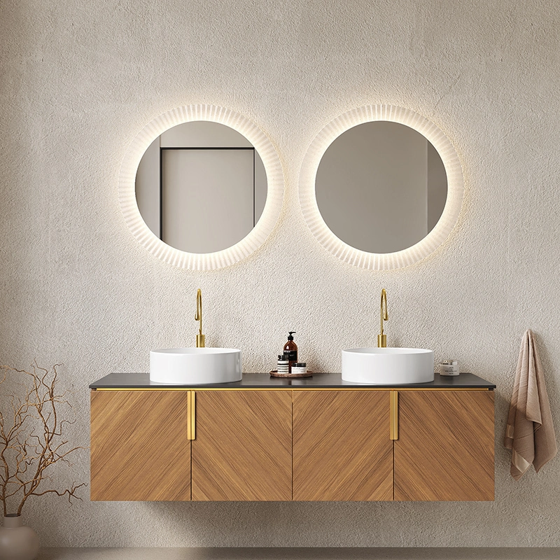 60 plywood bathroom storage cabinet with 4 doors, 2 white roundceramic basins and black sintered stone countertop, wall-mounted 1