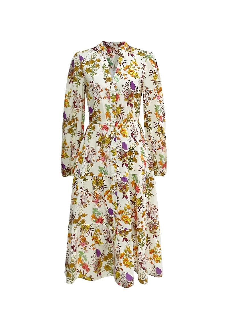 Vintage Floral Print Tiered Midi Dress with Button-Front and Puff Sleeves Vepeen Apparel 1