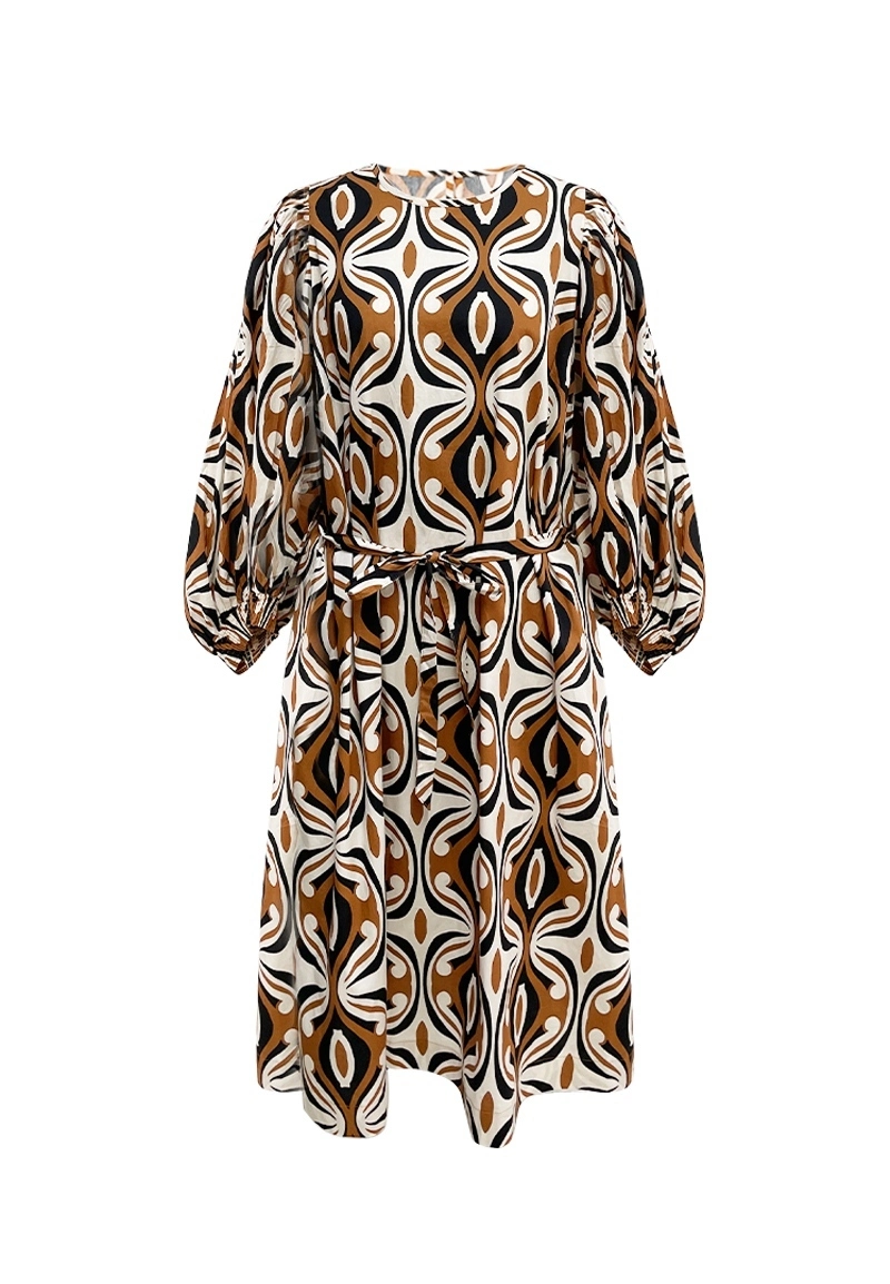 Retro Geometric Print Midi Dress with Puff Sleeves and Self-Tie Belt Vepeen Apparel 1