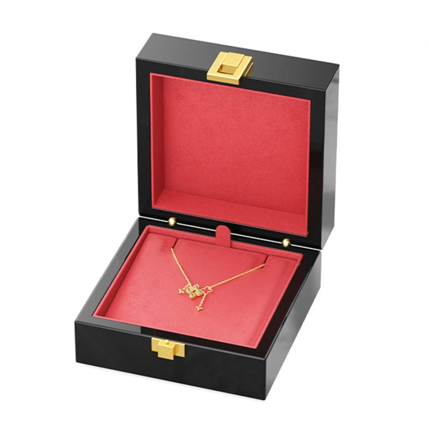 صندوق مجوهرات خشبي فاخر مطلي عالي اللمعان، طقم هدايا مكون من خاتم وقلادة وسوار، طقم كبير متعدد القطع متعدد الوظائف 1