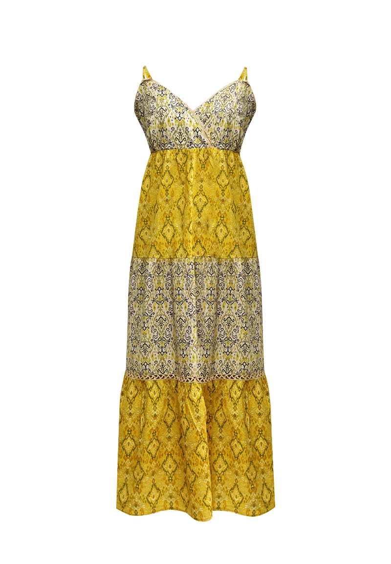 Bohemian Tiered Print Maxi Dress with Spaghetti Straps and Lace Trim Vepeen Apparel 1