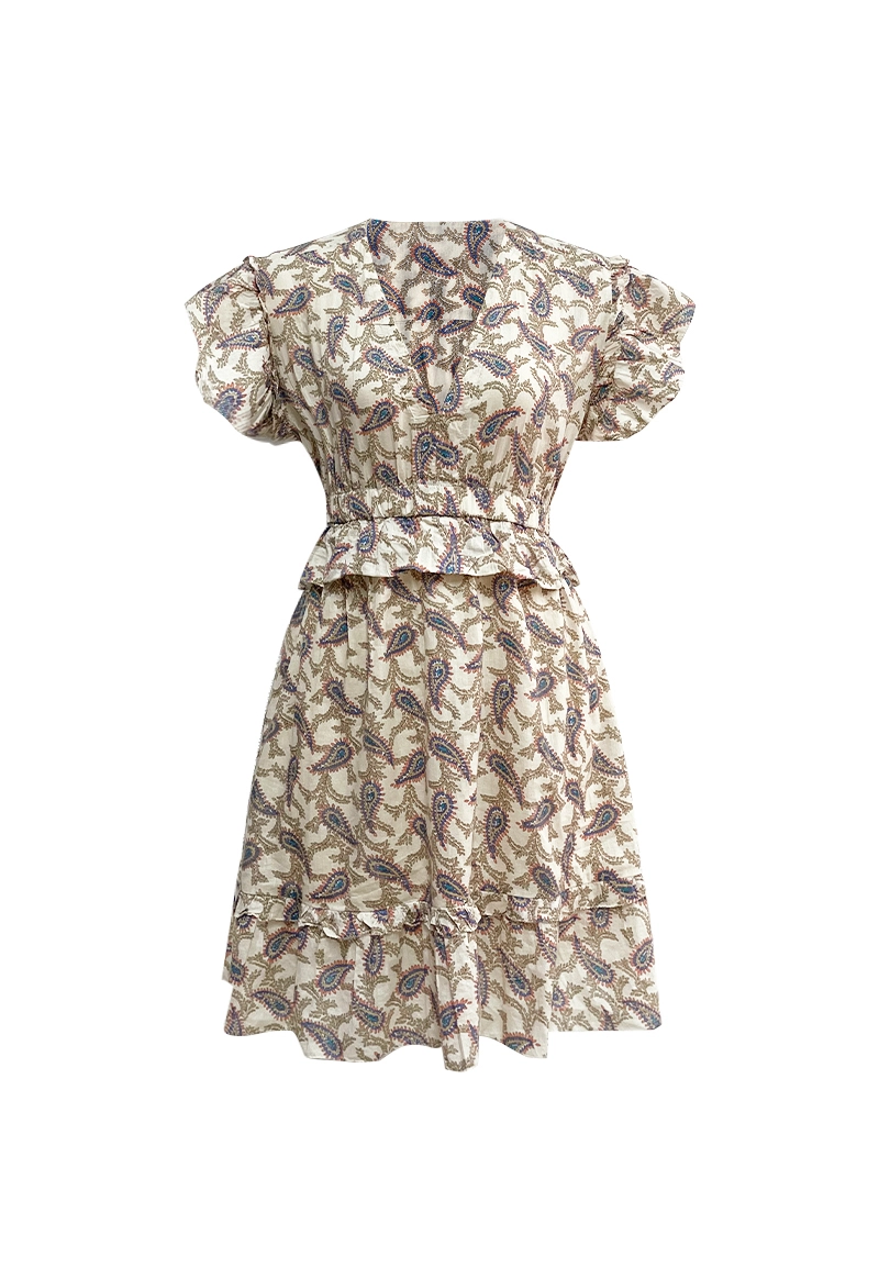 Paisley Print V-Neck Ruffled Sleeve Waist-Defined Mini Dress Vepeen Apparel 1