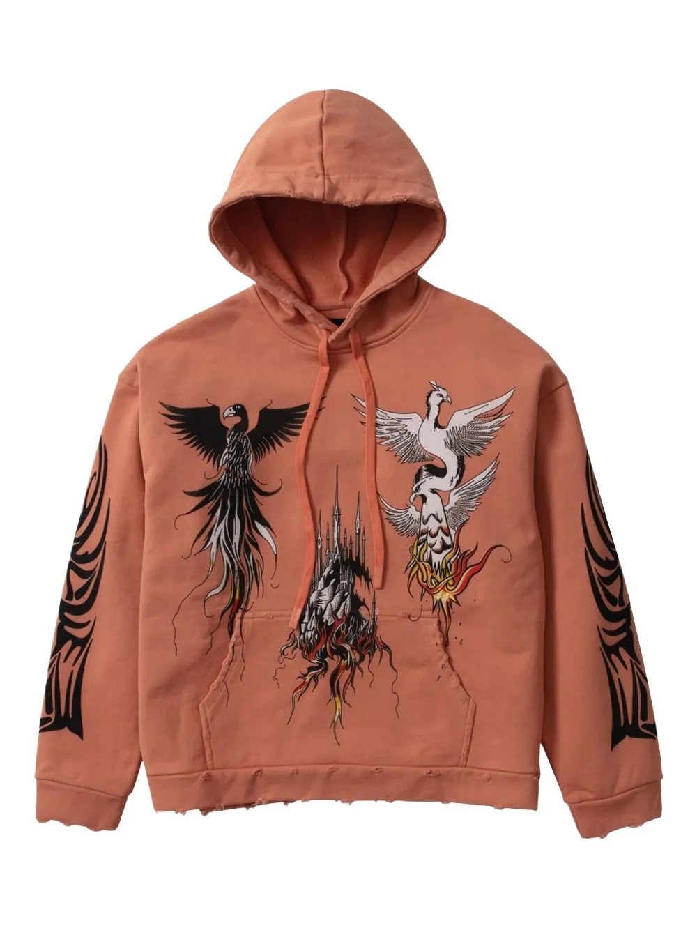 420GSM Heavyweight Terracotta Tattoo-Style Bird & Castle Print Cotton Hoodie | Distressed Hem 1