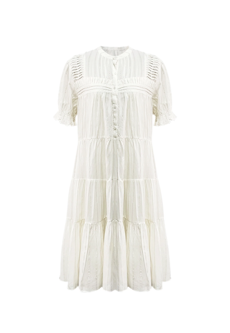 Cream Tiered Textured Mini Dress with Pleated Details and Button Front Vepeen Apparel 1