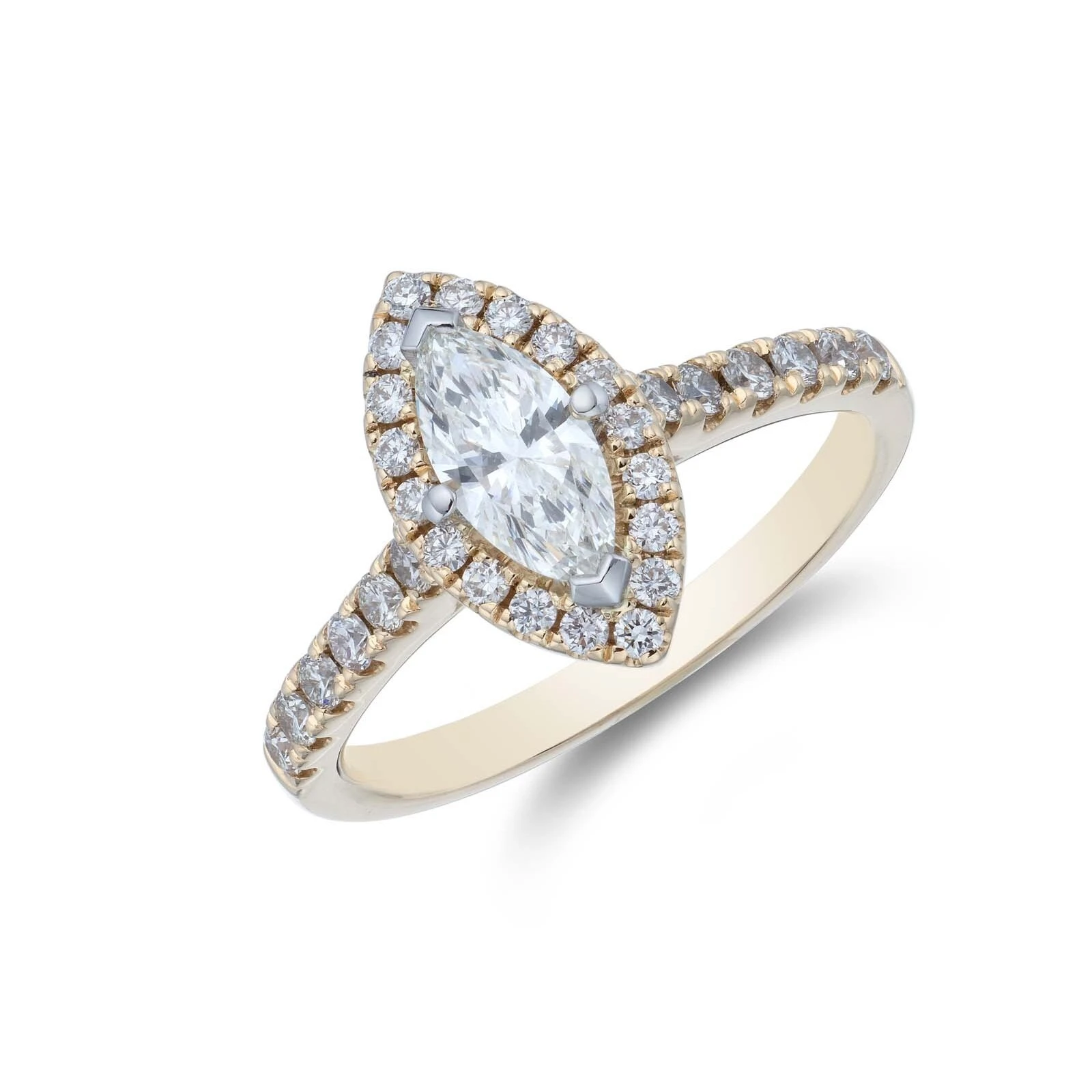 خاتم سوليتير هالو من الذهب الأصفر عيار 18 قيراطًا مزروع في المختبر، مرصع بالألماس على شكل ماركيز 1