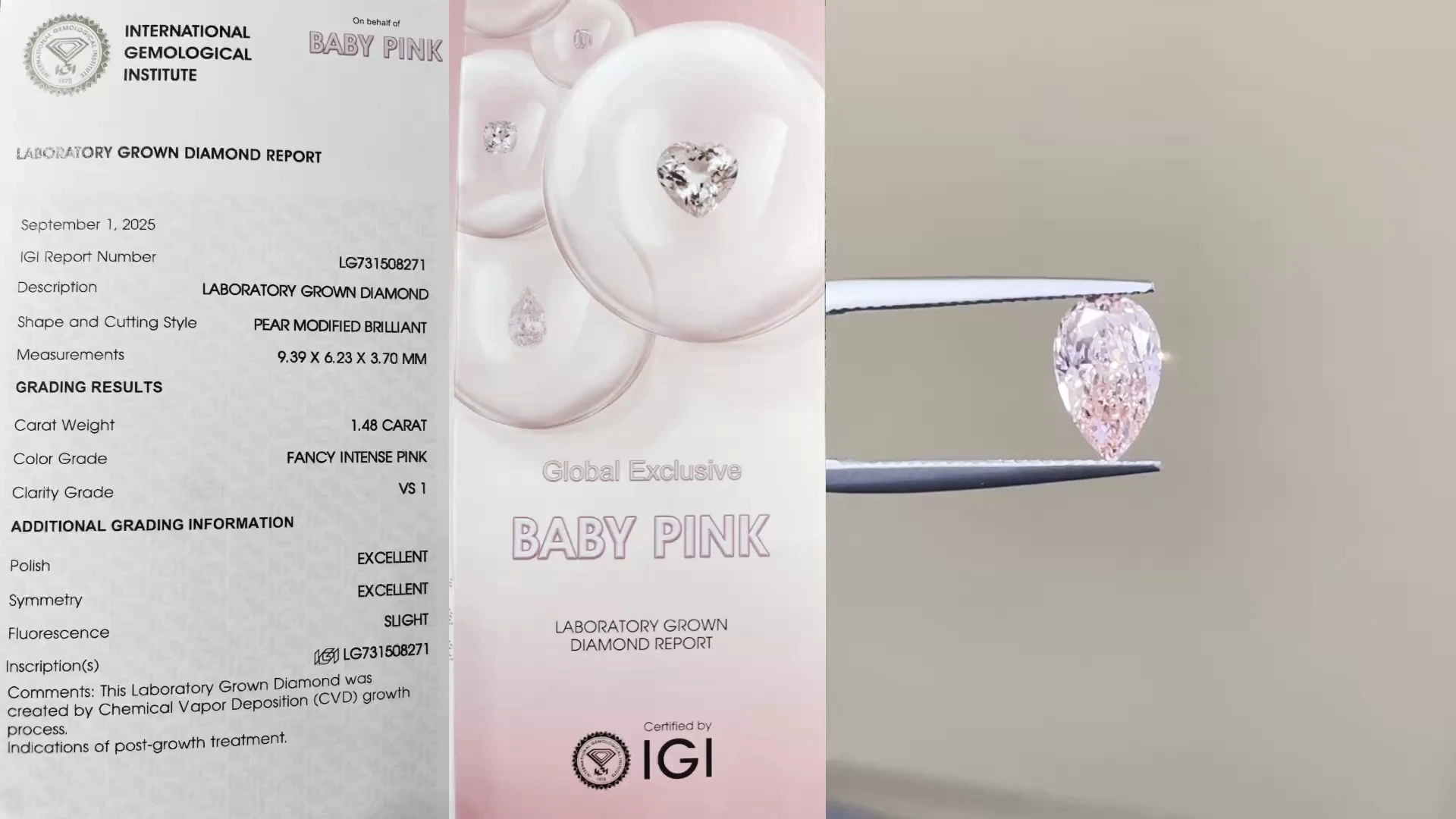 Lab Grown Global Exclusive Baby Pink Pear-Cut VS1 Clarity Diamond 1.48ct 1