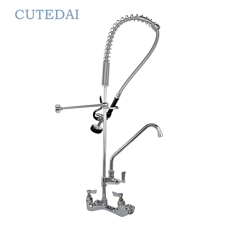 صنبور حوض مطبخ تجاري على الطراز الصناعي، شطف مسبق، لمسة نهائية من الكروم، مثبت على الحائط، تركيب بفتحتين، رش قابل للسحب للأسفل، ضمان لمدة 3 سنوات 1