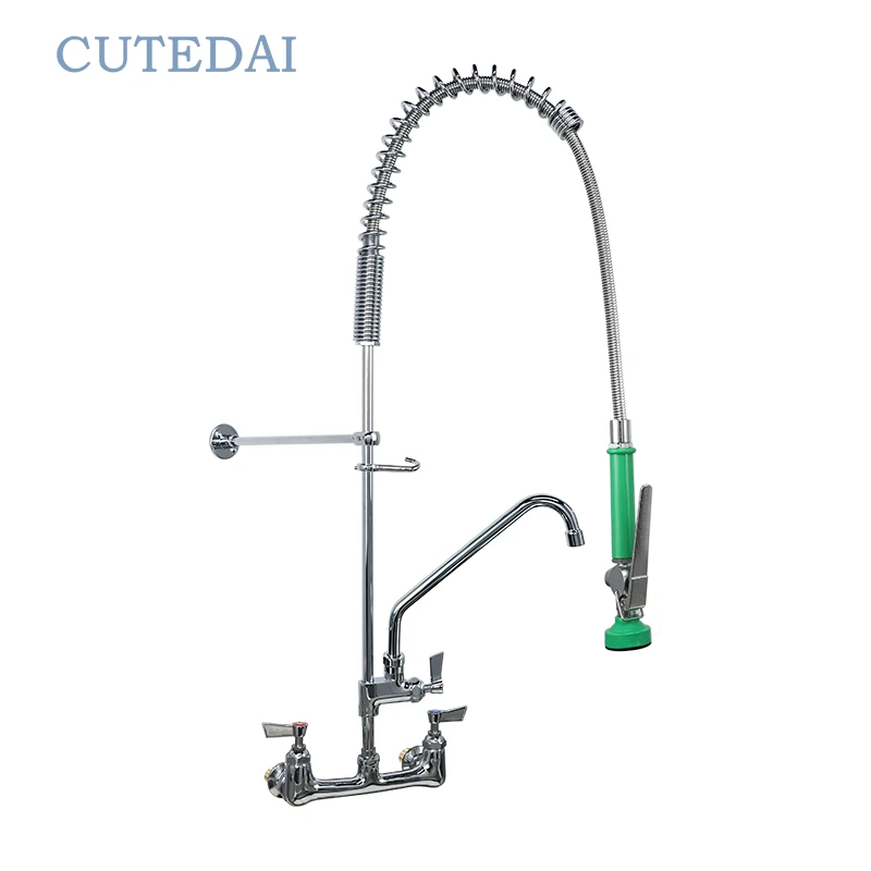 Rubinetti per prelavaggio da cucina commerciale, lavello a parete in ottone con doppia maniglia per hotel e ristoranti, design industriale diretto 1