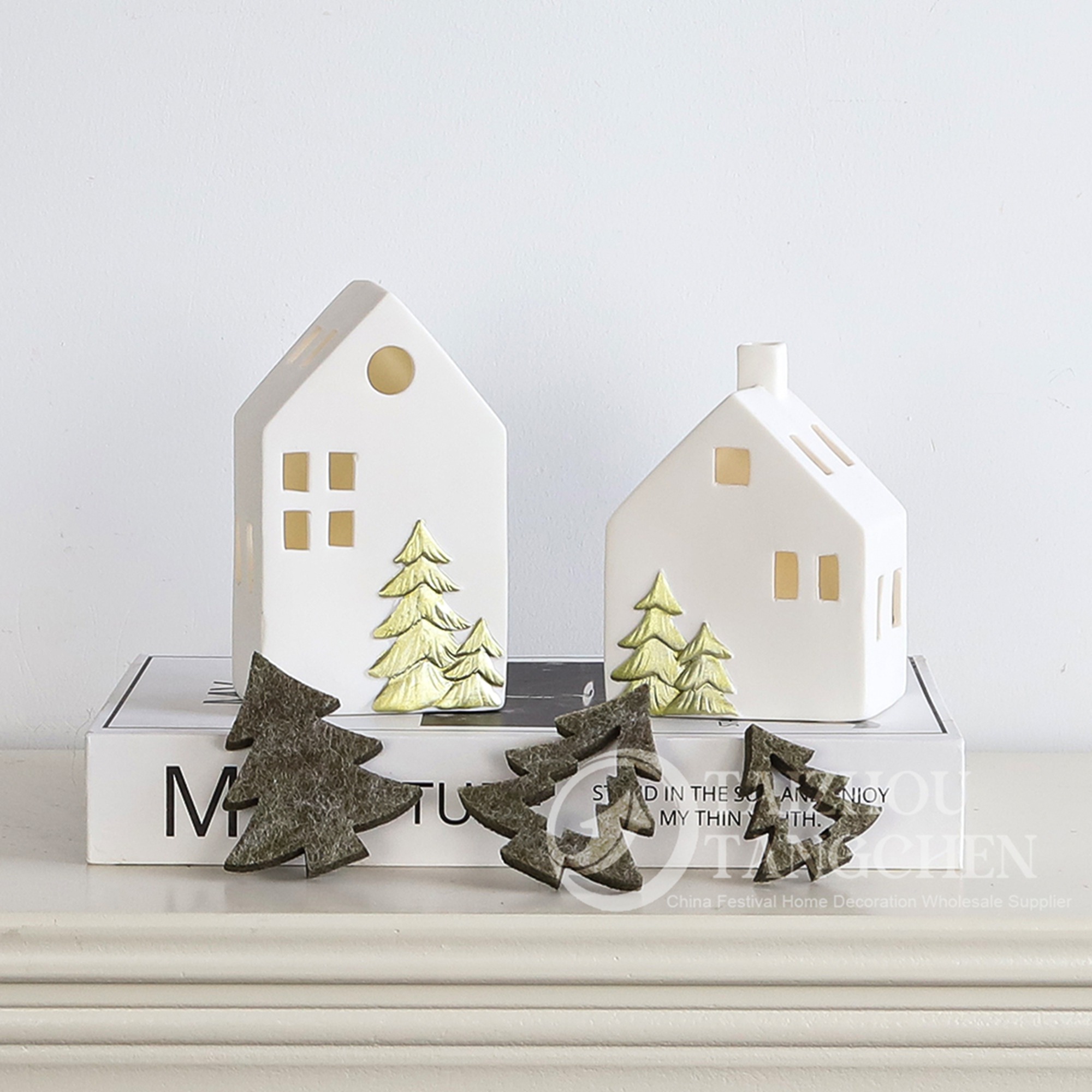 Kit de regalo DIY para casa de invierno | Casitas navideñas de cerámica blanca para decorar chimeneas y mesas 5
