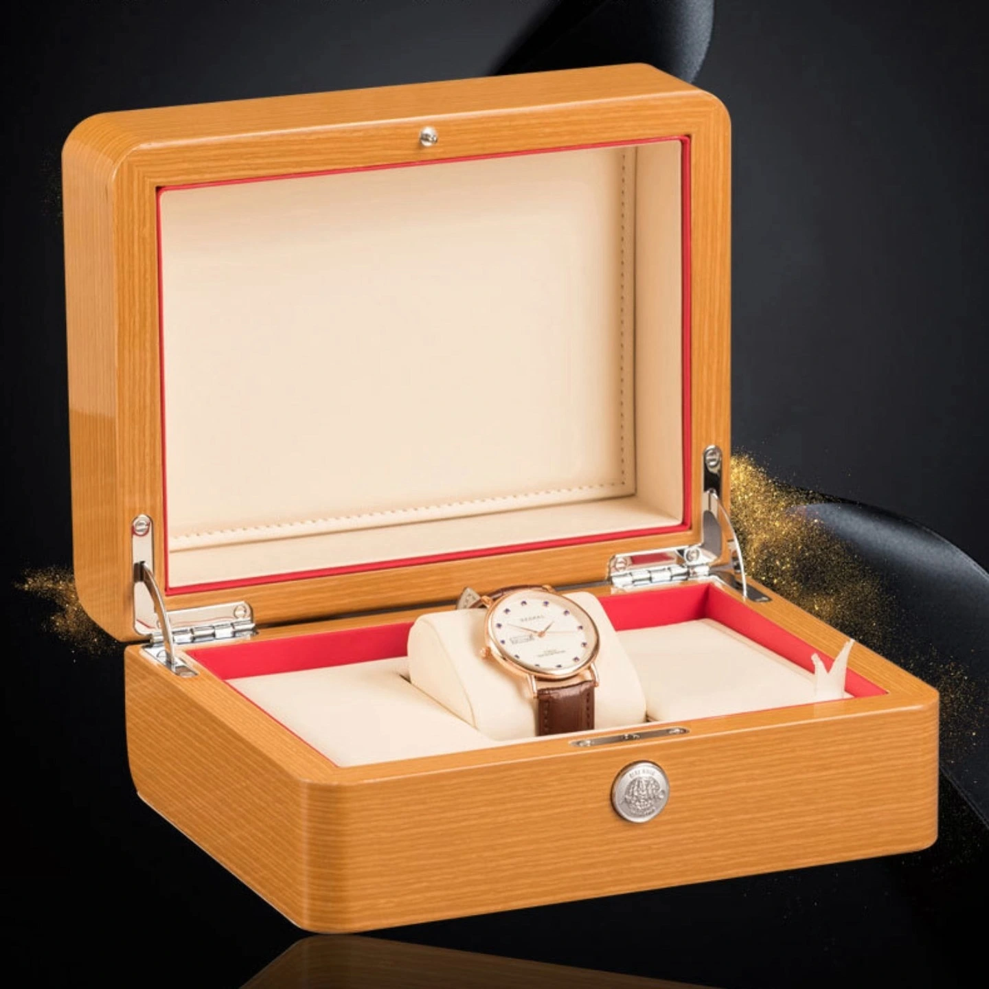 Футляр для часов премиум-класса с текстурой дерева, отделанный рояльным лаком. Изысканная матовая отделка. Подарочный набор для часов. 1