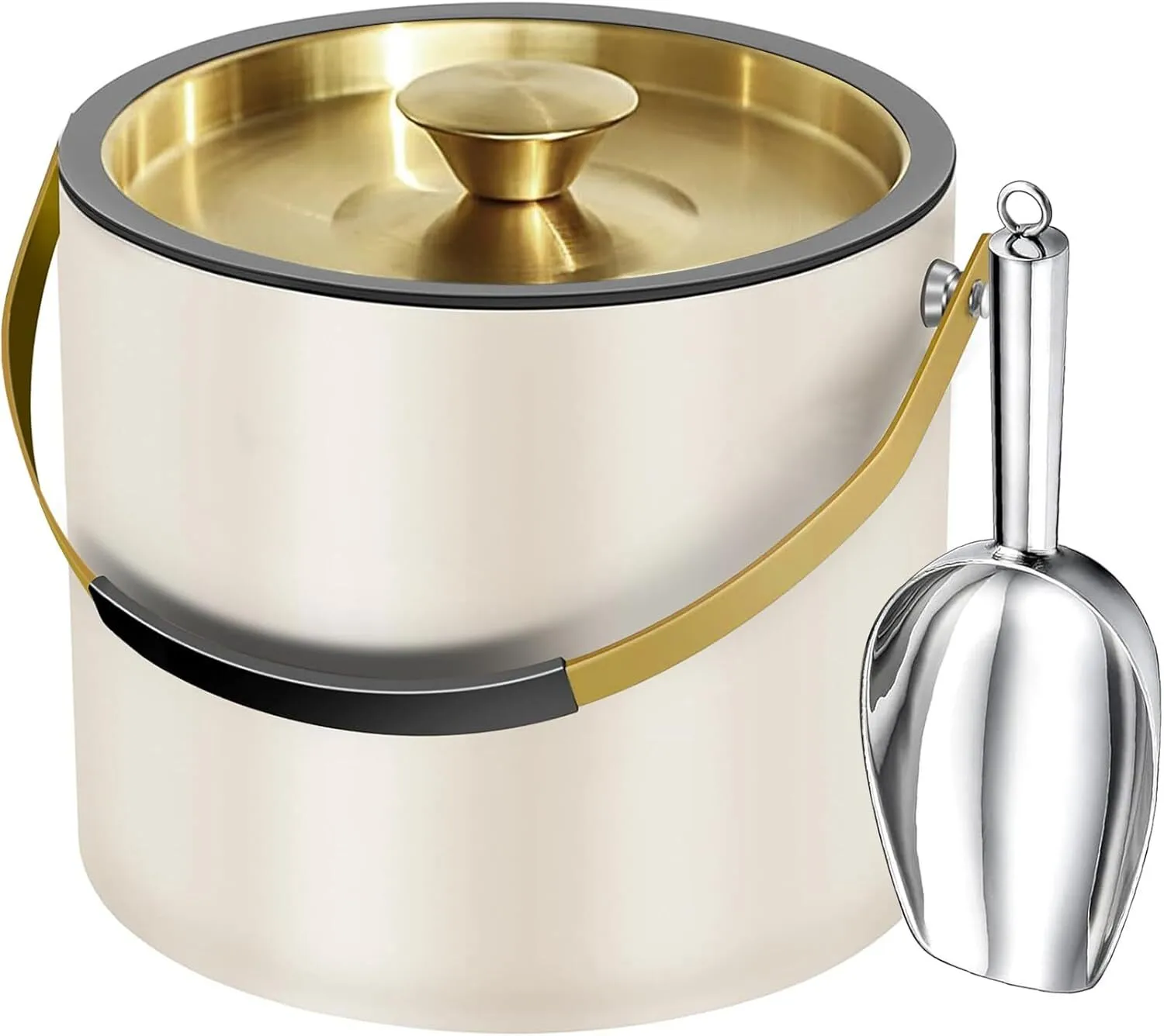 3.2L Modern Insulated Ice Bucket with Silicone Lid, Scoop, Strainer, Double Wall Stainless Steel Ice Bucket for Parties & Cocktail Bar,Ideal for Gift(Pearl White) 1