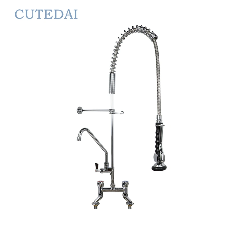 Komercyjny kran kuchenny montowany na blacie, z funkcją wstępnego płukania, mosiężne przewody wodne do użytku hotelowego, przewody wodne do studni wyciąganej 1