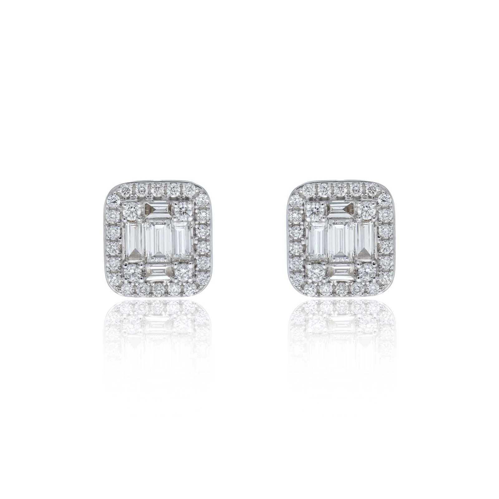18ct White Gold Lab Grown Round Brilliant Cut Baguette Diamond Cluster Earrings 1