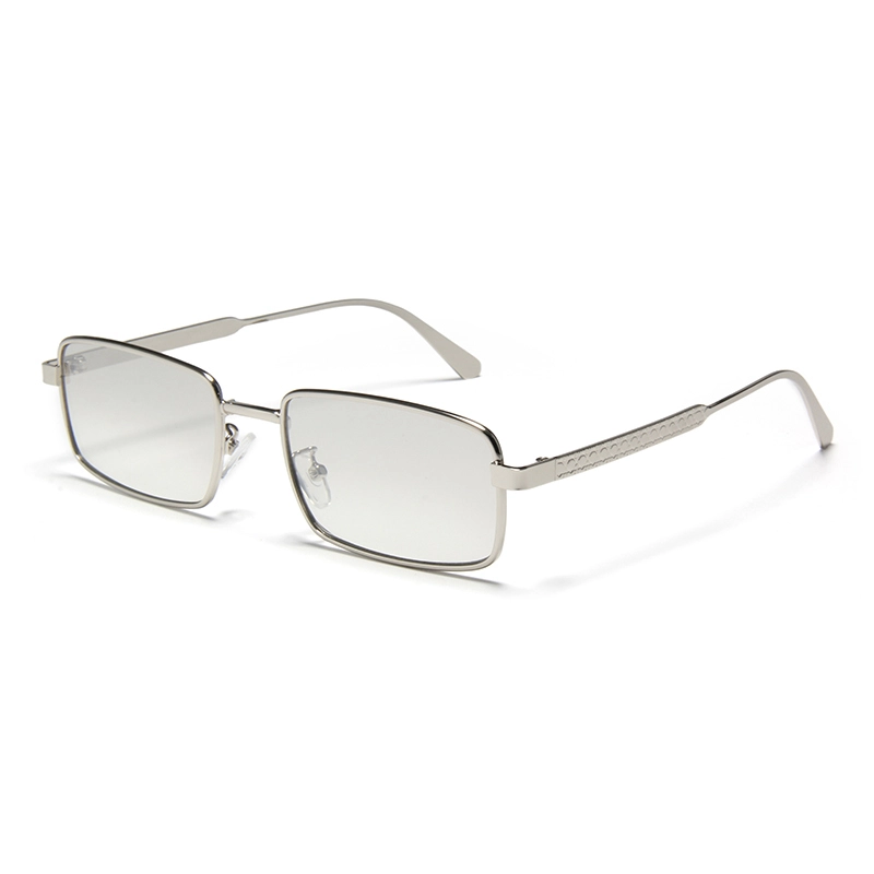 S97093 Gafas de sol cuadradas de metal fino con detalle texturizado en las patillas para hombres y mujeres, gafas de sol de tendencia retro con rectángulo estrecho y montura de metal simple 1