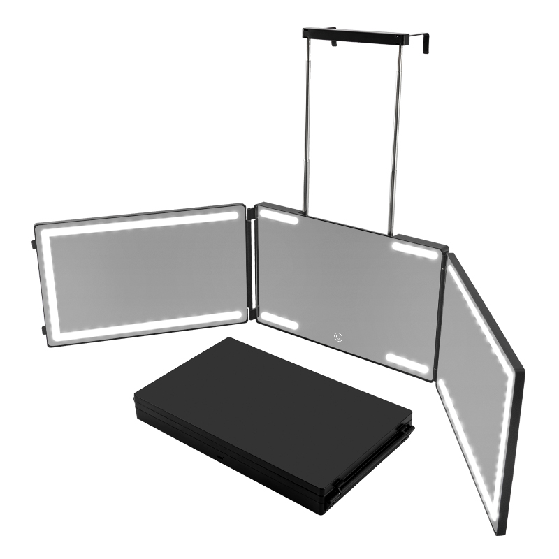 Miroir LED à trois volets - Vue de face pliée et dépliée