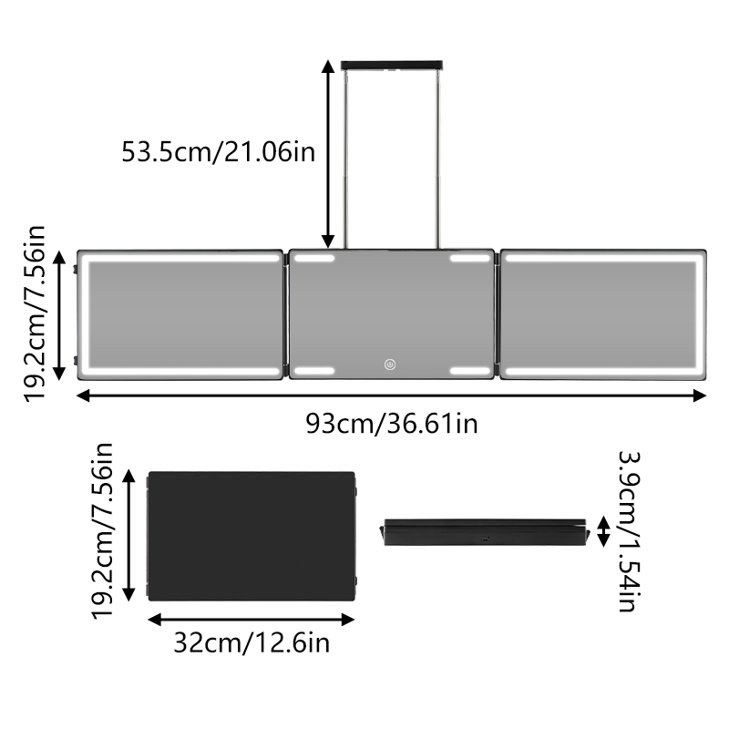Miroir à trois volets – Diagramme des dimensions pliées et dépliées