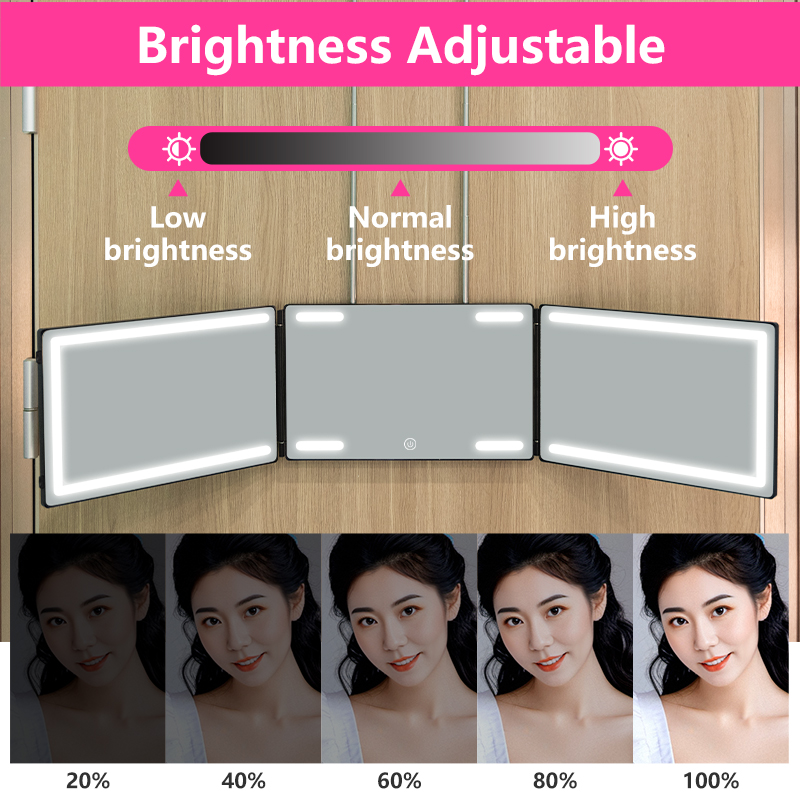 Miroir pliable en trois – Démonstration des niveaux de luminosité réglables