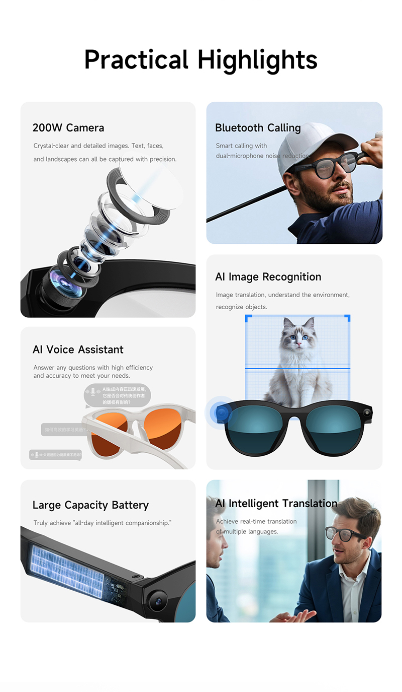 Smart AI Glasses with Camera Audio Bluetooth Video Recording Sunglasses ...