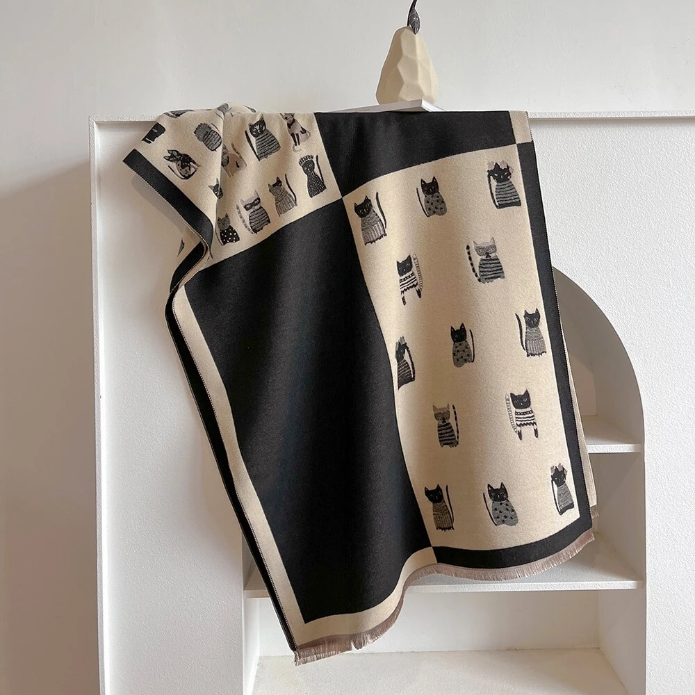 Custom Fashion Cashmere Shawls Cats Pattern Winter Warm Pashmina Scarfs W1758 | Mifain 1