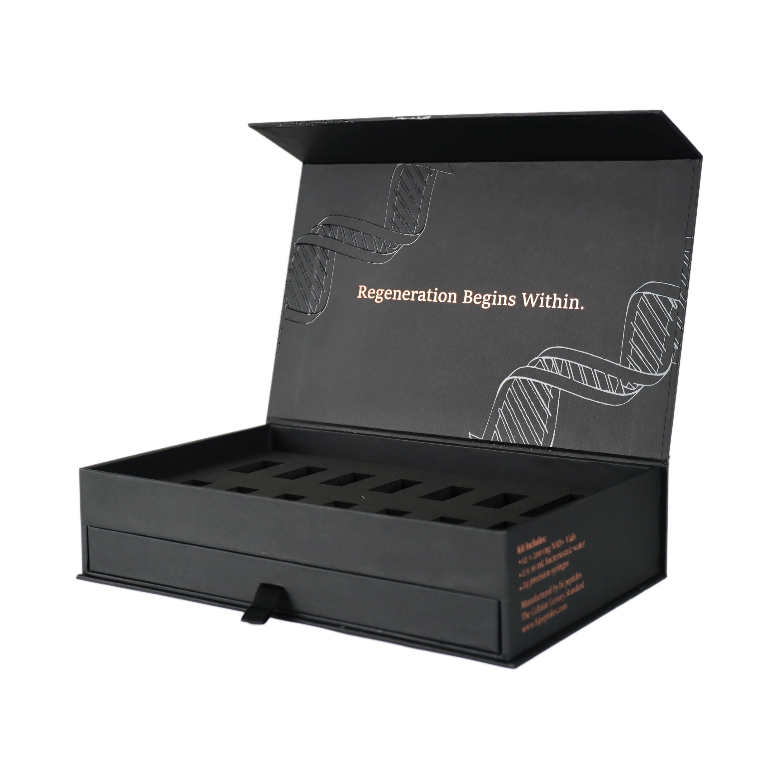 Коробка для упаковки лекарств – книжный дизайн с выдвижным ящиком и вставкой из ЭВА – Packshion Packaging 1