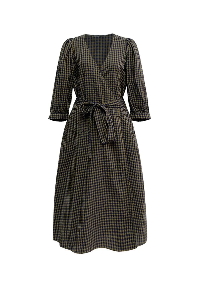 Retro Olive Green Small Checkered V-Neck Puff Half-Sleeve Waist Vepeen Apparel 1