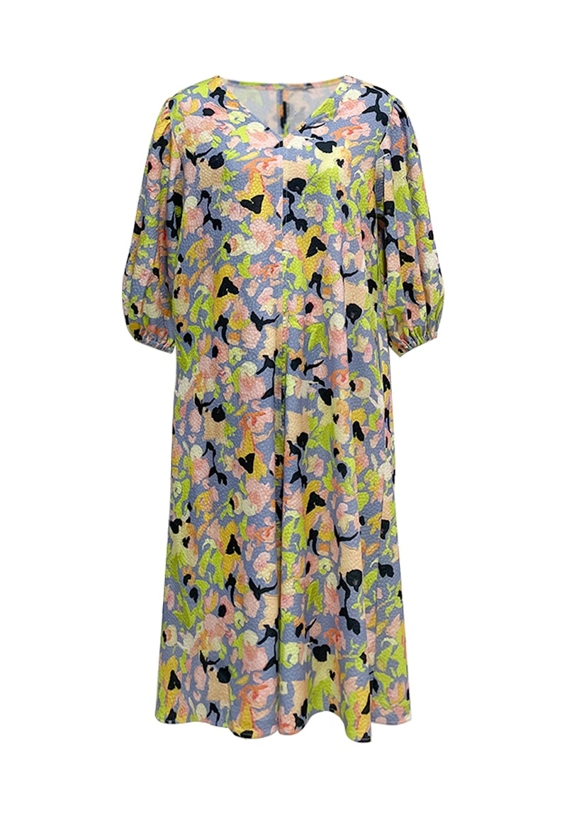 Color-Block Abstract Print V-Neck Puff Half-Sleeve Loose Mini Dress Vepeen Apparel 1