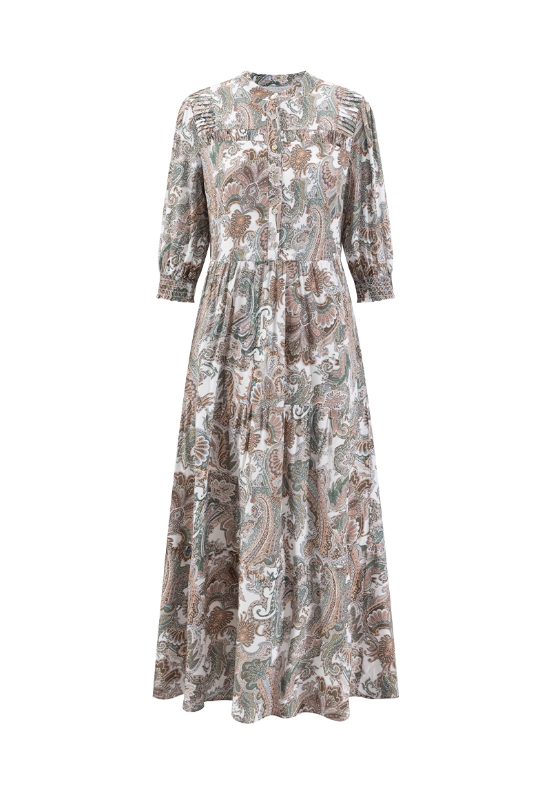 Soft Brown-Green Tone Retro Paisley Print Stand-Collar Half-Sleeve Vepeen Apparel 1