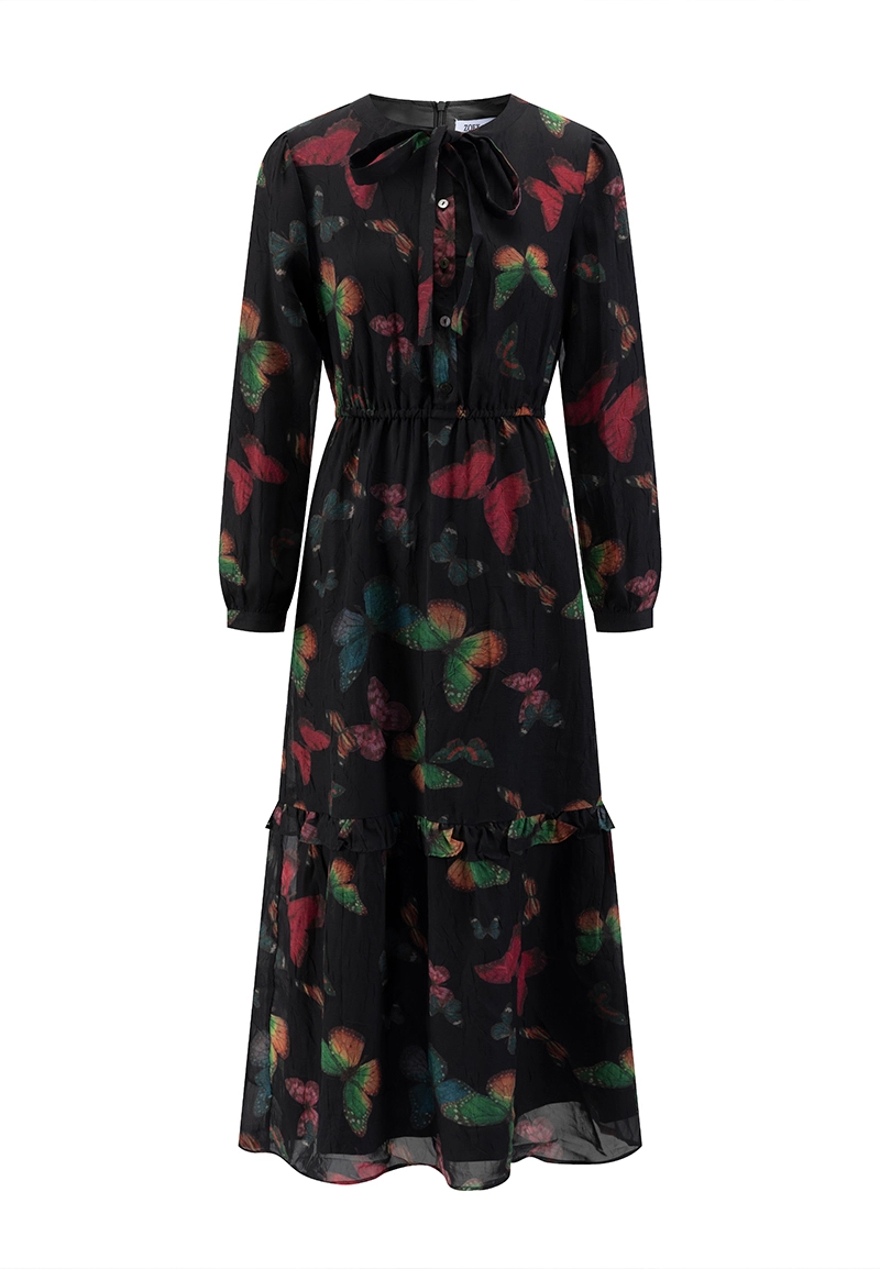 Mystic Black-Base Colorful Butterfly Print Tie-Collar Waist-Tie Tiered Midi Dress Vepeen Apparel 1