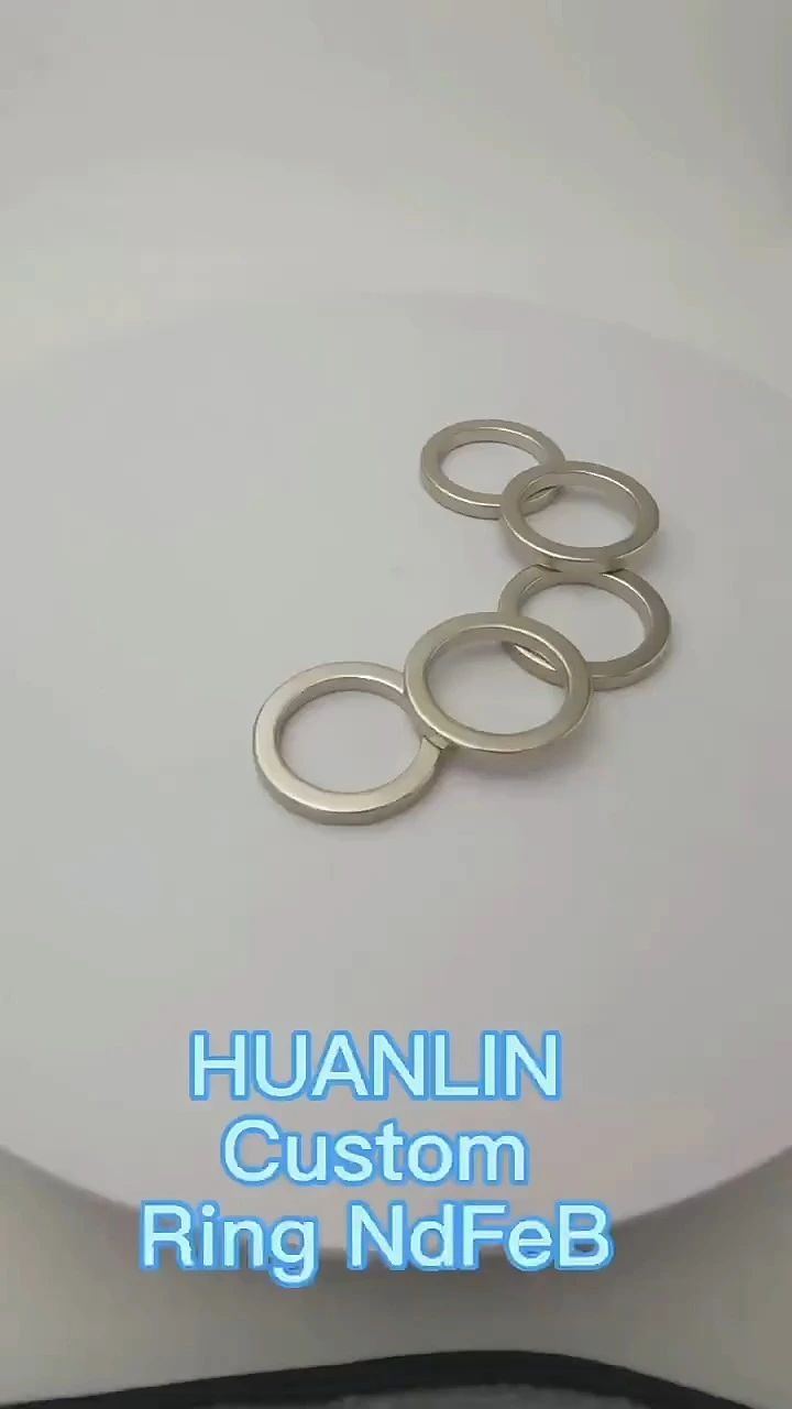 Dos imanes de anillo de neodimio recubiertos de níquel sobre fondo blanco.