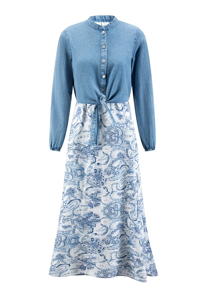 Denim Stand-Collar Tie-Waist Patchwork Blue-White Paisley Print Maxi Dress Vepeen Apparel 1